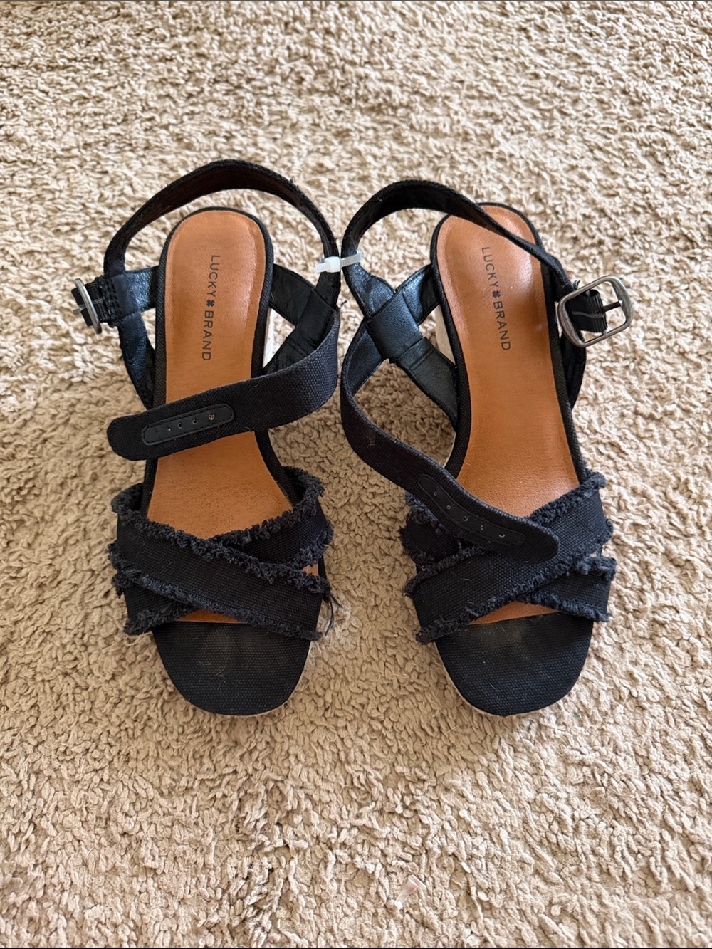 Lucky Brand Black Frayed Cross-Strap Sandals